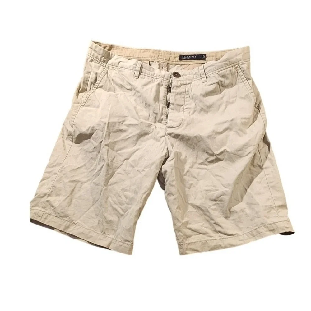 AllSaints Shorts Mens 32 Beige Chino Button Fly Flat Front Summer Casual - Picture 1 of 10